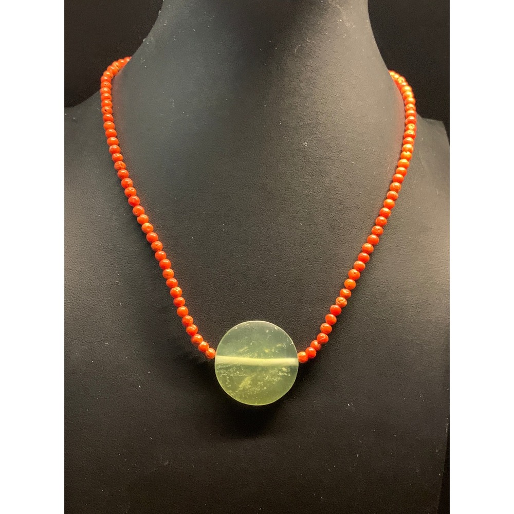 Natural Red Coral and Green Stone Disc Necklace Silver Tone S-Hook Clasp 16"